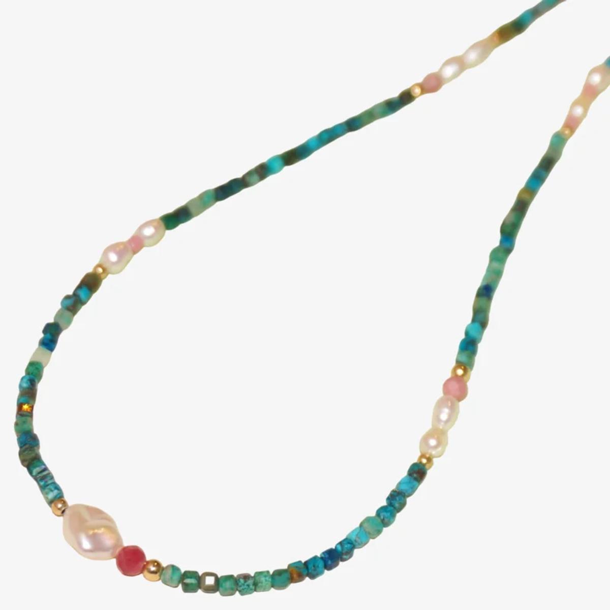 Dainty SILKROAD Chrysocolla Necklace with Nugget Pearl - 14K Gold-Filled, Handpicked Gemstones