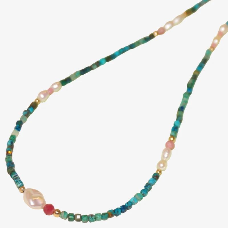 Dainty SILKROAD Chrysocolla Necklace with Nugget Pearl - 14K Gold-Filled, Handpicked Gemstones
