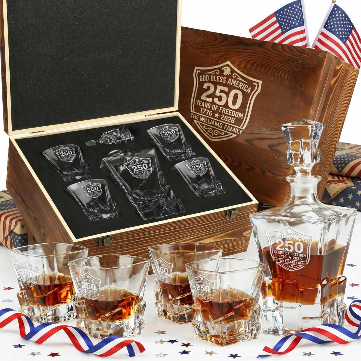 USA 250th Stone Cut Whiskey Set — Decanter + 4 Glasses
