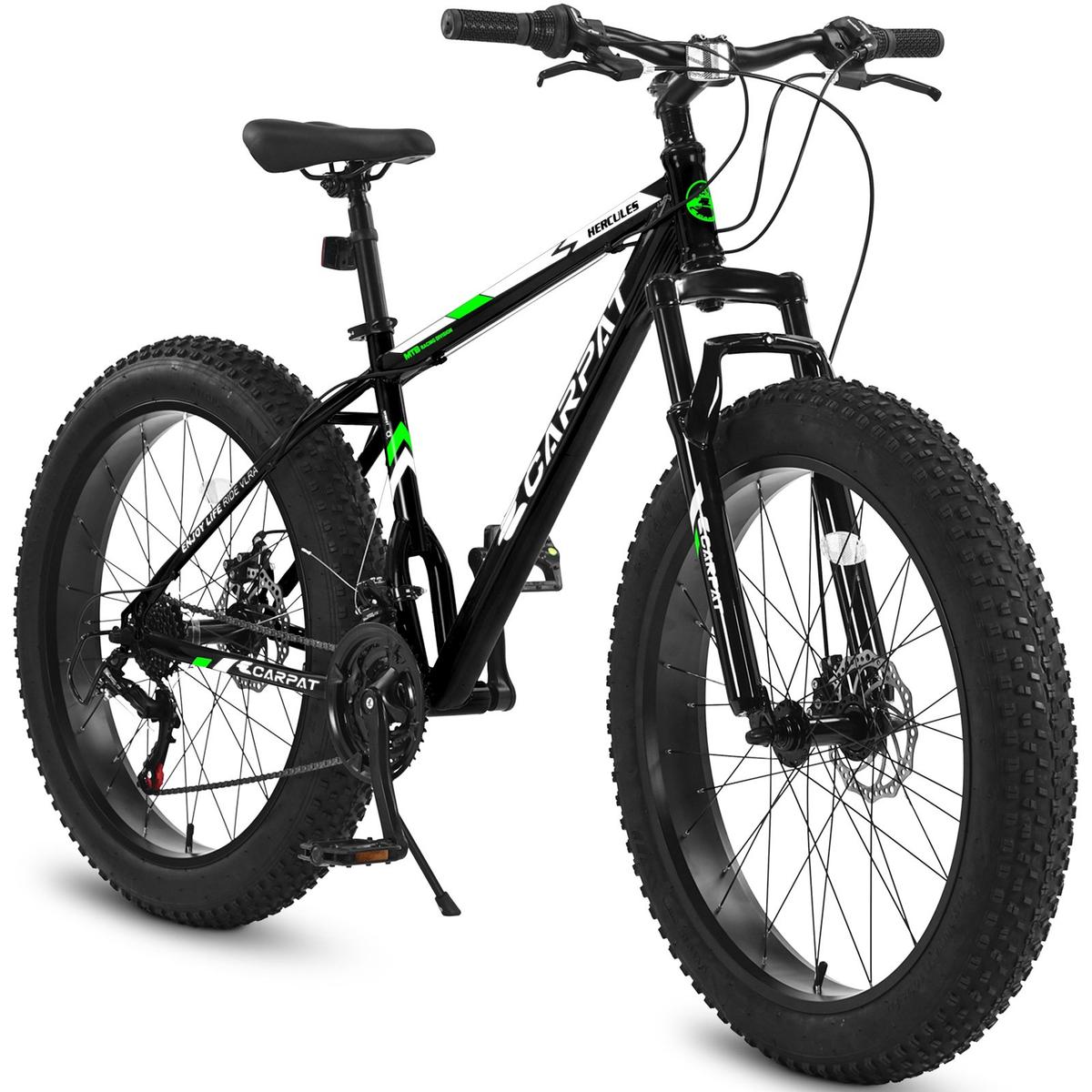 26 Inch Fat Tire Bike – Elecony S26109 High Carbon Steel All-Terrain Black MTB with Full Shimano 21-Speed, 4.0″ Wide Tires & Dual Disc Brakes
