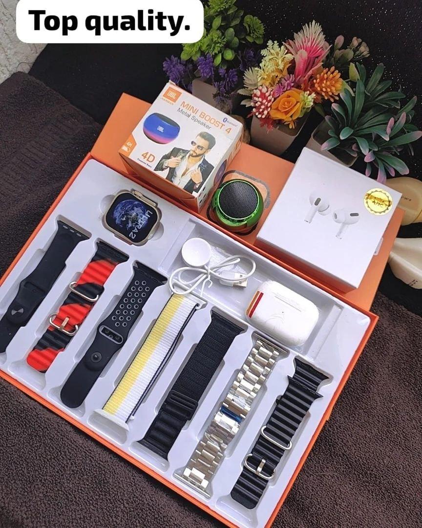 4-in-1 Smart Tech Combo – Ultra Smartwatch, AirPods Pro 2, JBL Mini Speaker & 7 Premium Straps