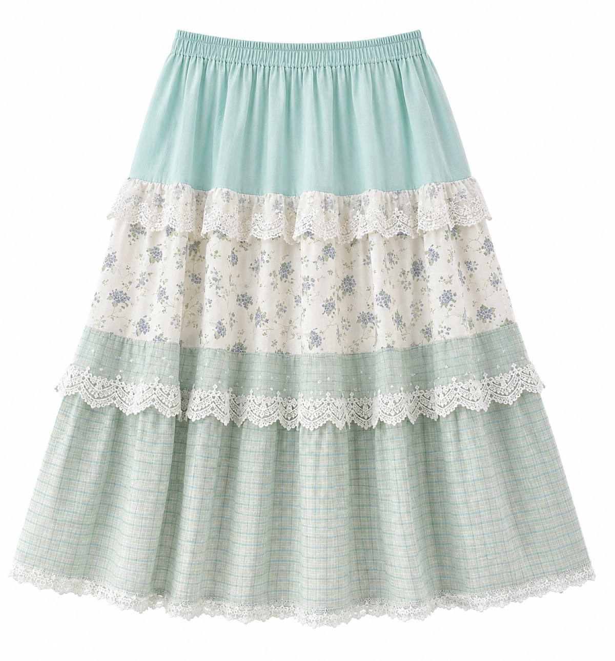 Blue Cottagecore Lace Patchwork Skirt