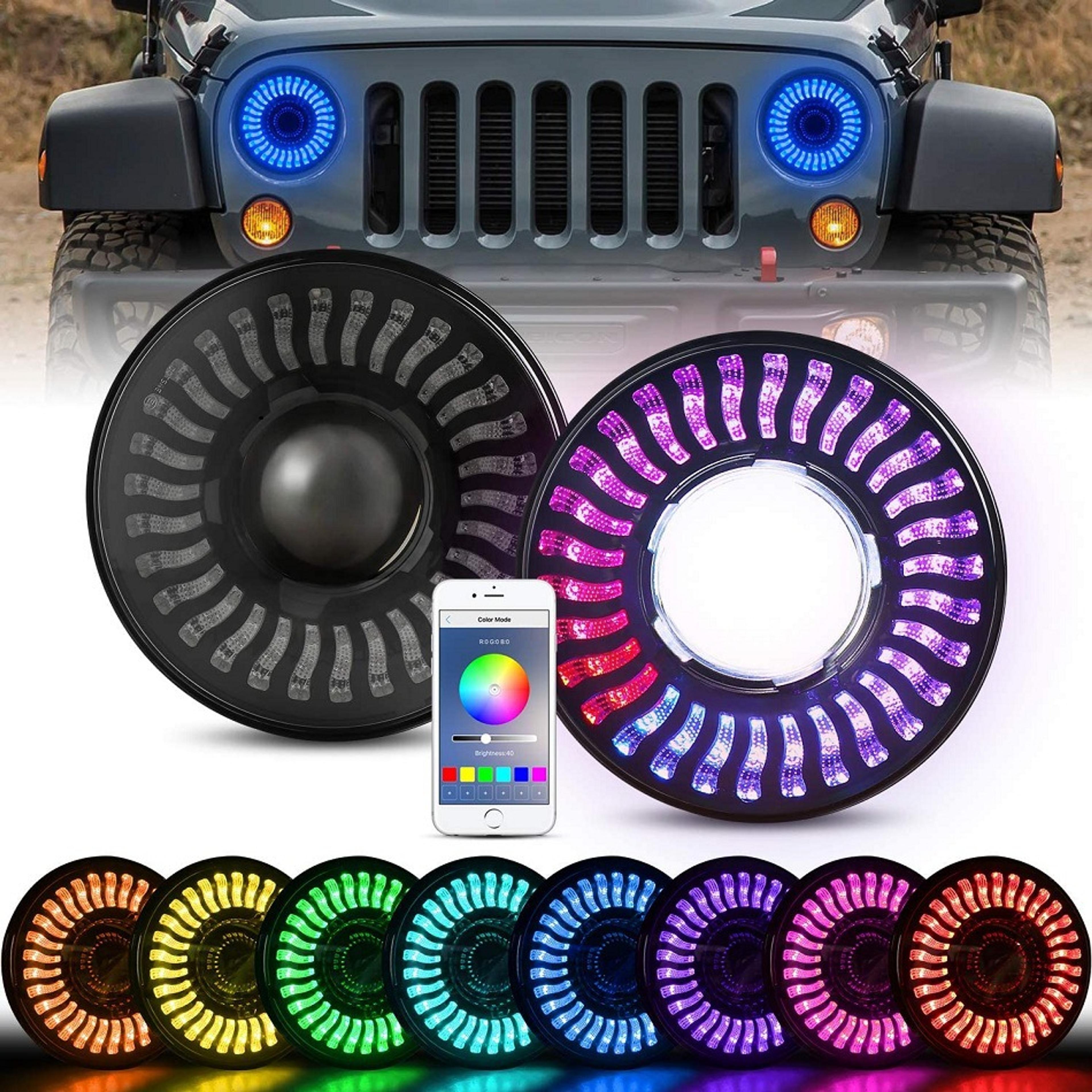 LED RGB Headlight with Amber Turn Signal, SUPAREE 7 Inch Round Halo LED Headlight Fits 1997~2018 Wrangler JK TJ LJ with Control