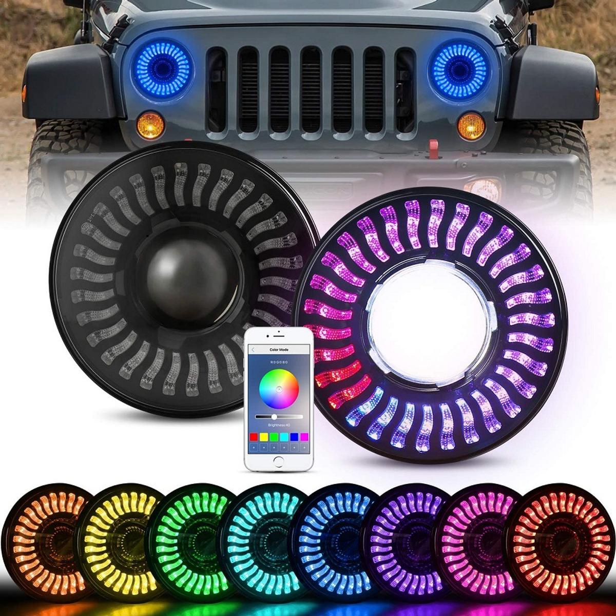 LED RGB Headlight with Amber Turn Signal, SUPAREE 7 Inch Round Halo LED Headlight Fits 1997~2018 Wrangler JK TJ LJ with Control