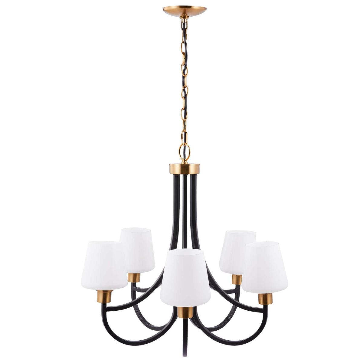5-Light 99-Inch Chandelier with Opal Glass Shades, Antique Brass