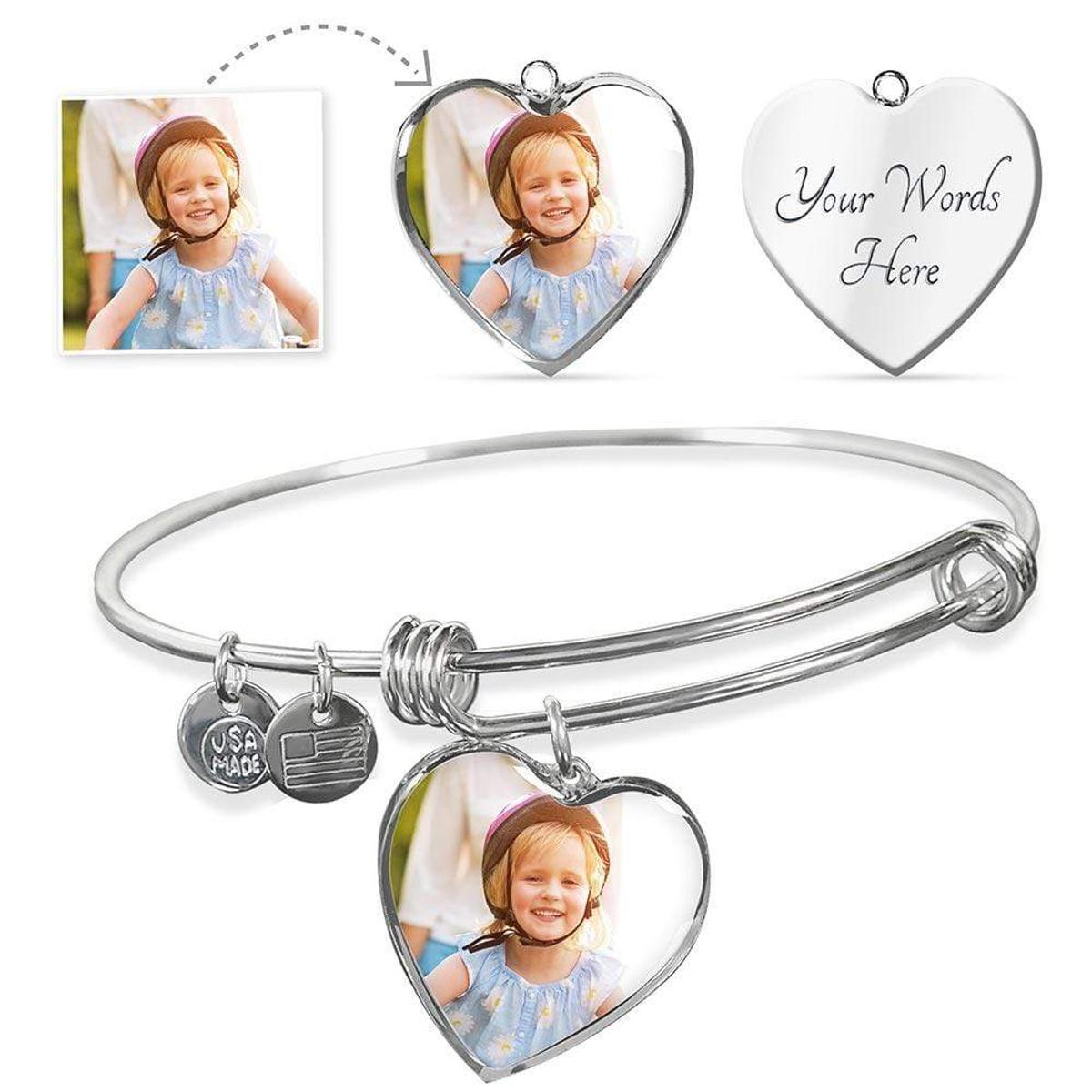 Heart Pendant Adjustable Bangle - Photo and Message