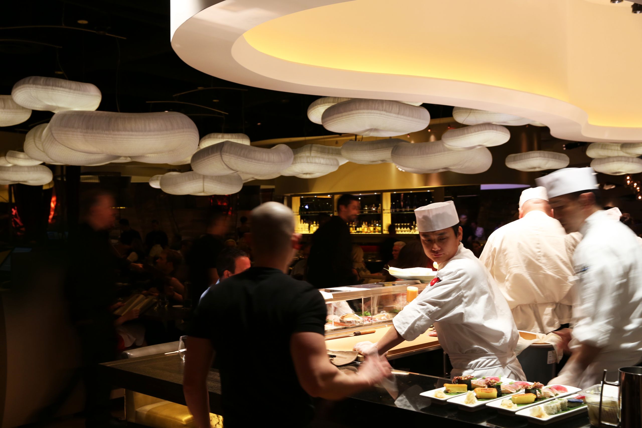 molo cloud light pendants at the Nobu Hotel restaurant in Las Vegas