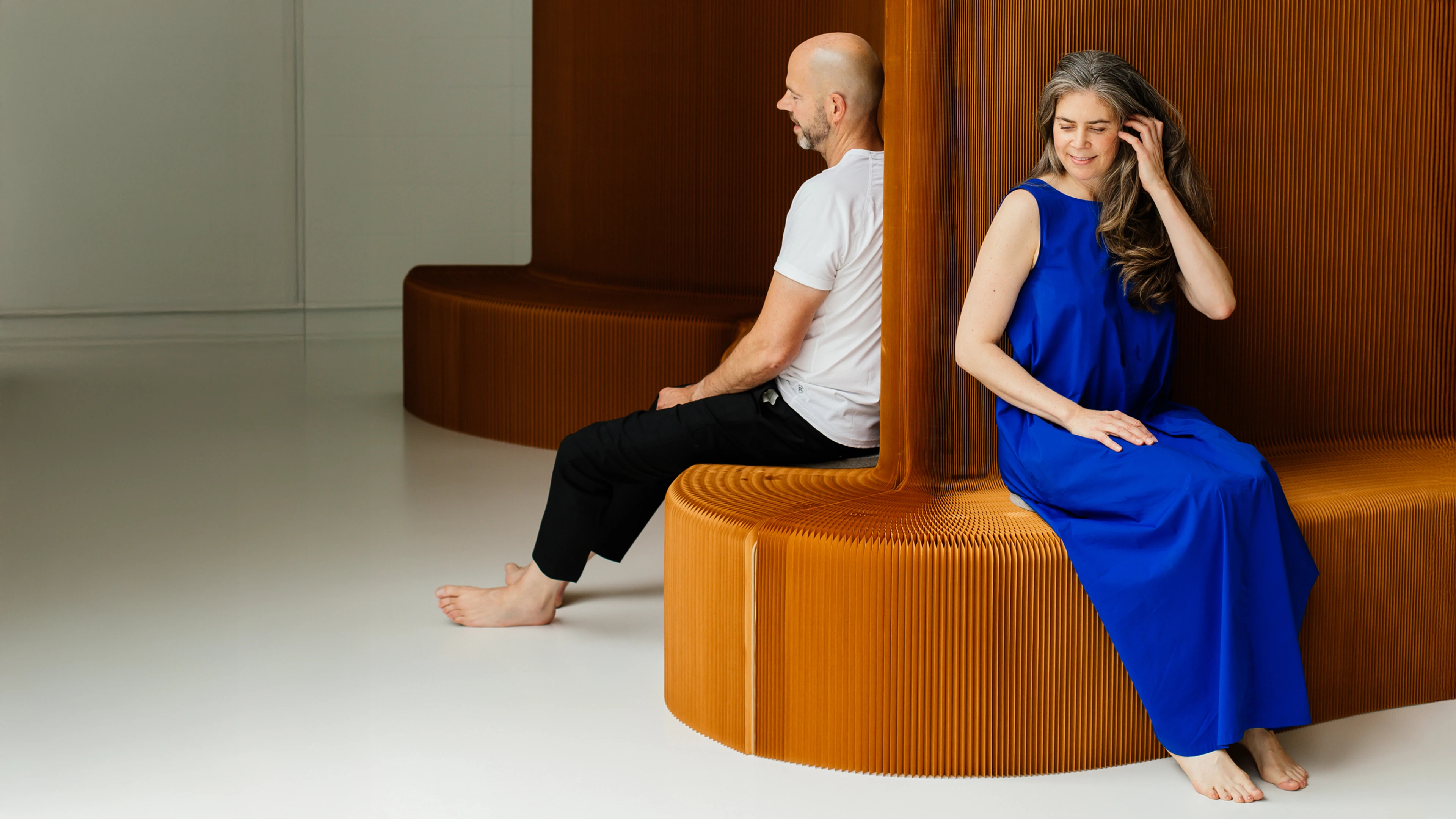 Stephanie Forsythe and Todd MacAllen, molo founders and designers, paper benchwall, molo