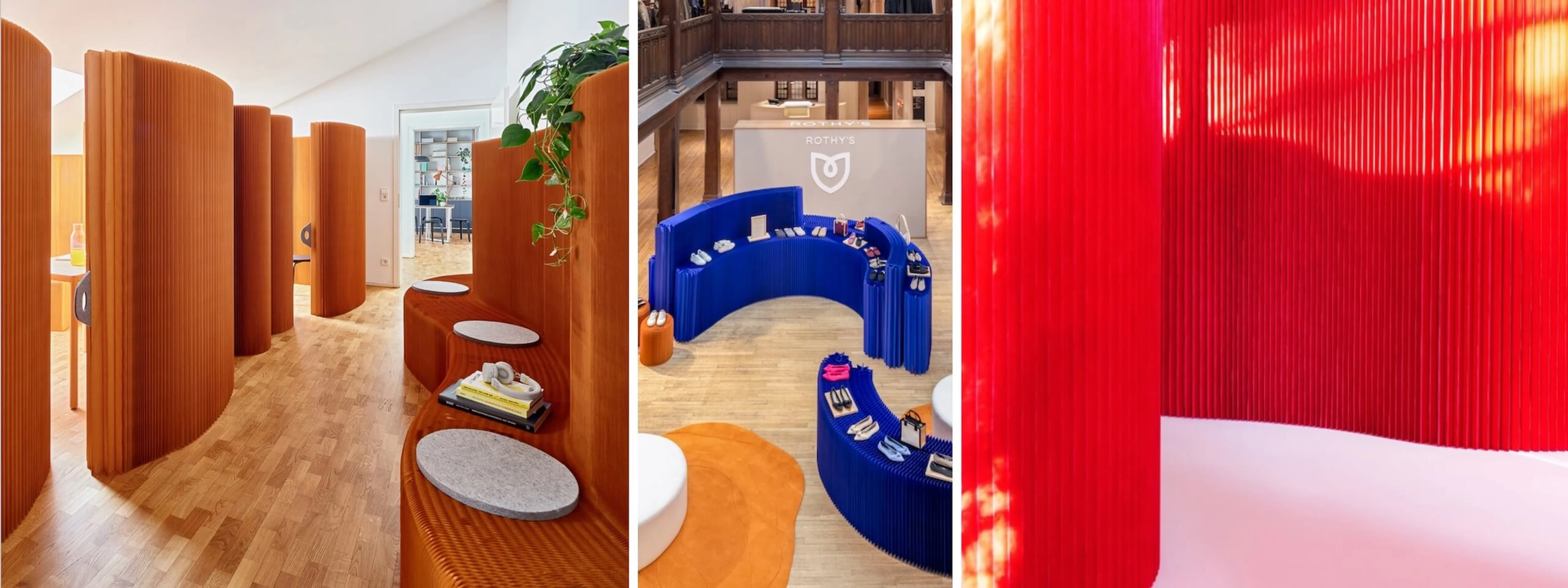 room partitions by molo - brown, indigo, red softwall + softblock and benchwall