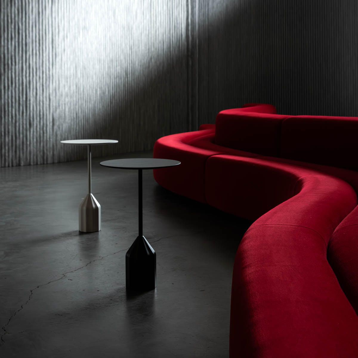 aluminum softwall curving partition, Osaka couch, Slide Productions SQ