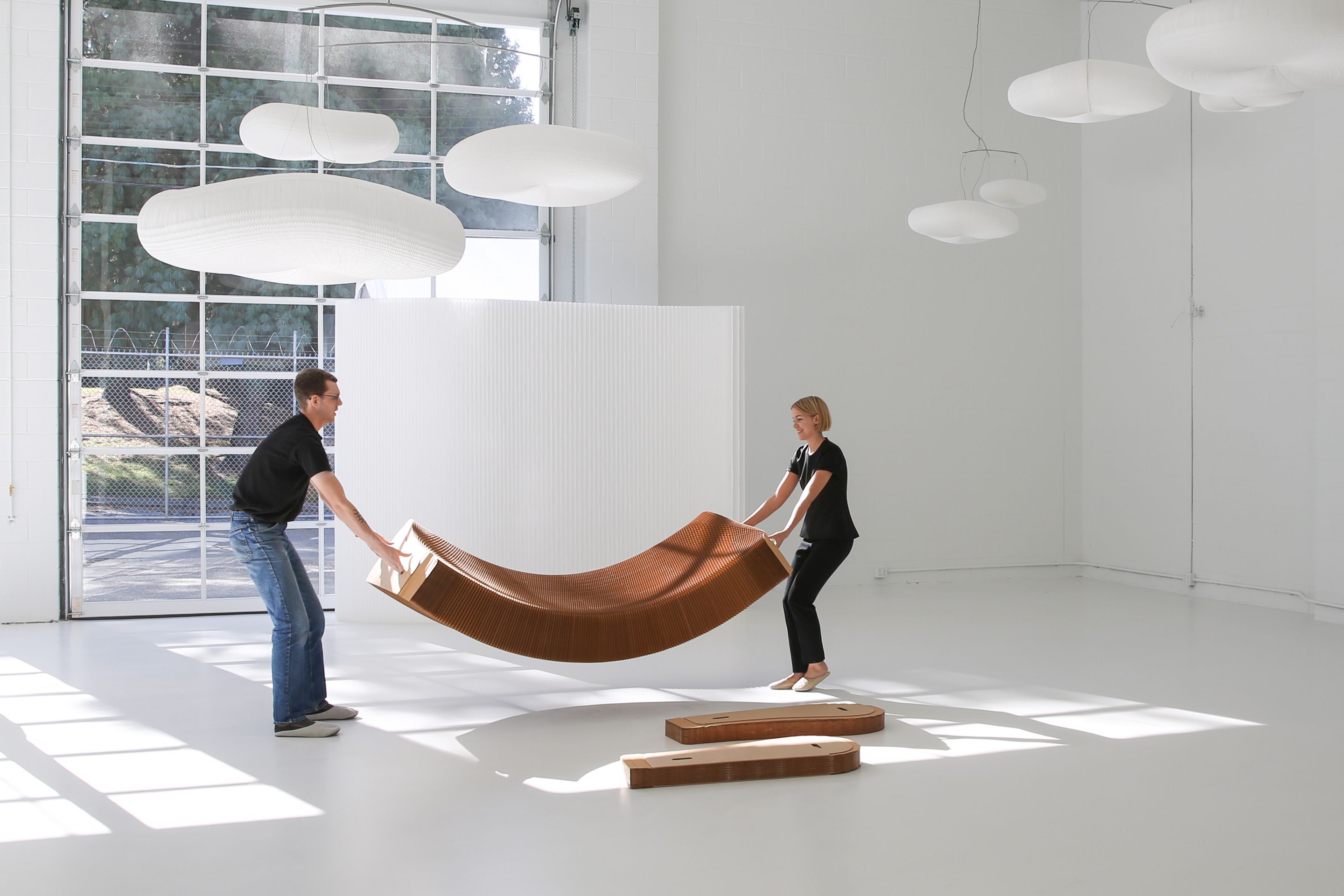 Each lounger is an element of flat-pack furniture made from three sections. 