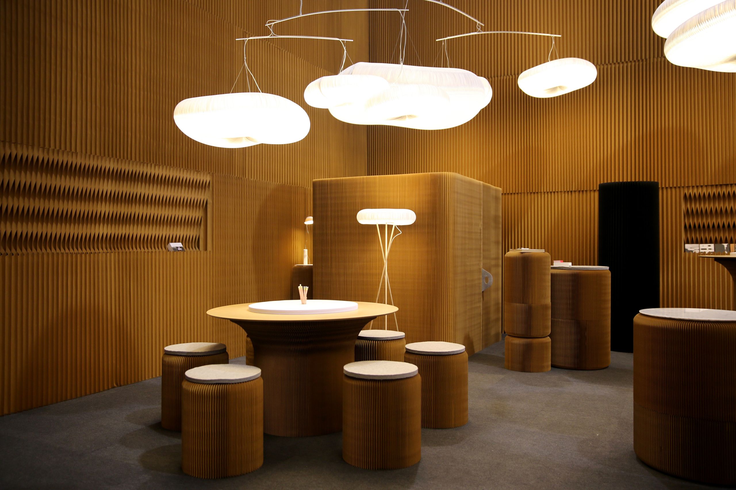 paper stools and cantilever table, cloud soft lighting - molo's installation at Maison & Objet, 2016
