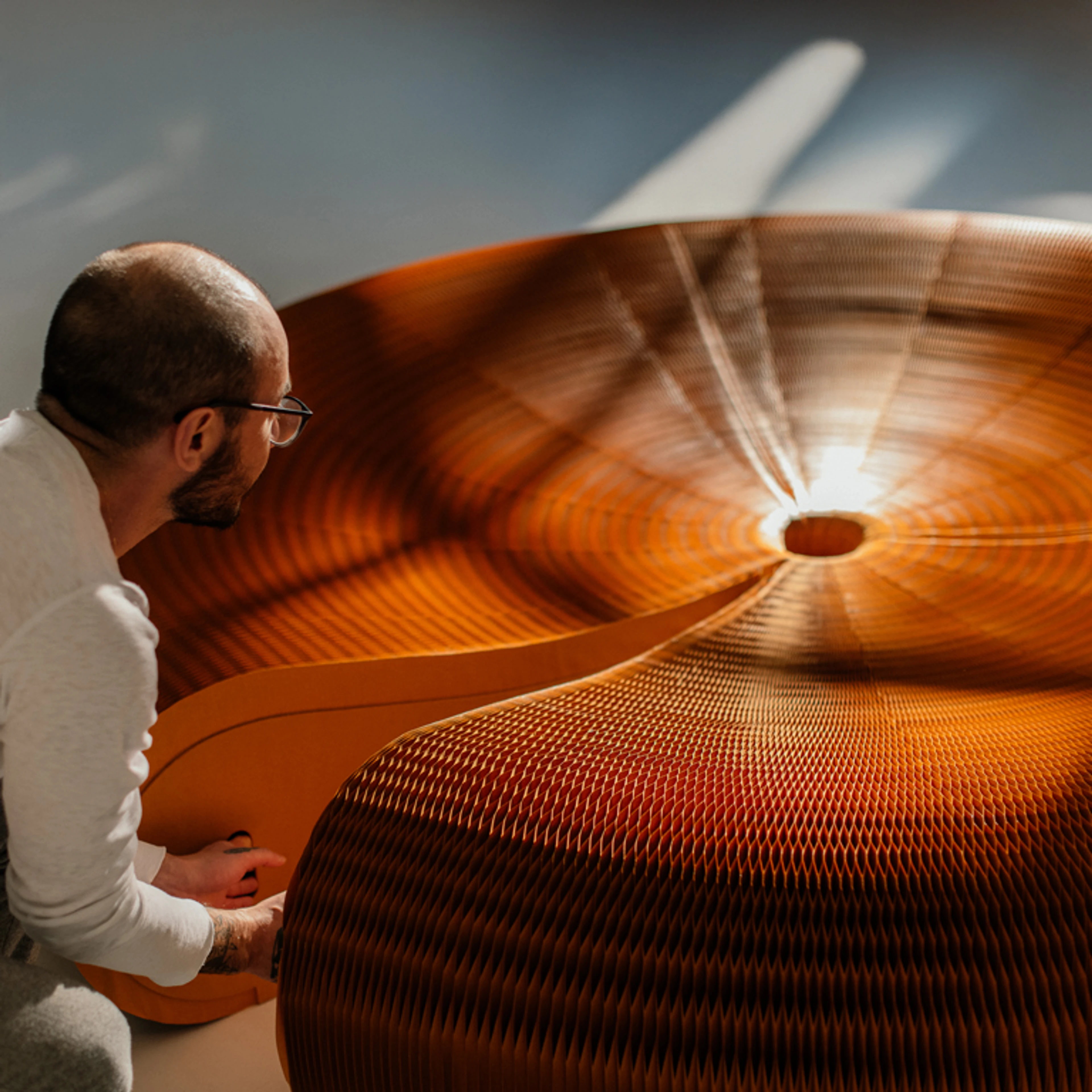 softseating lounger, folding paper furniture, sustainable furniture, round bench seating, daybed, molo