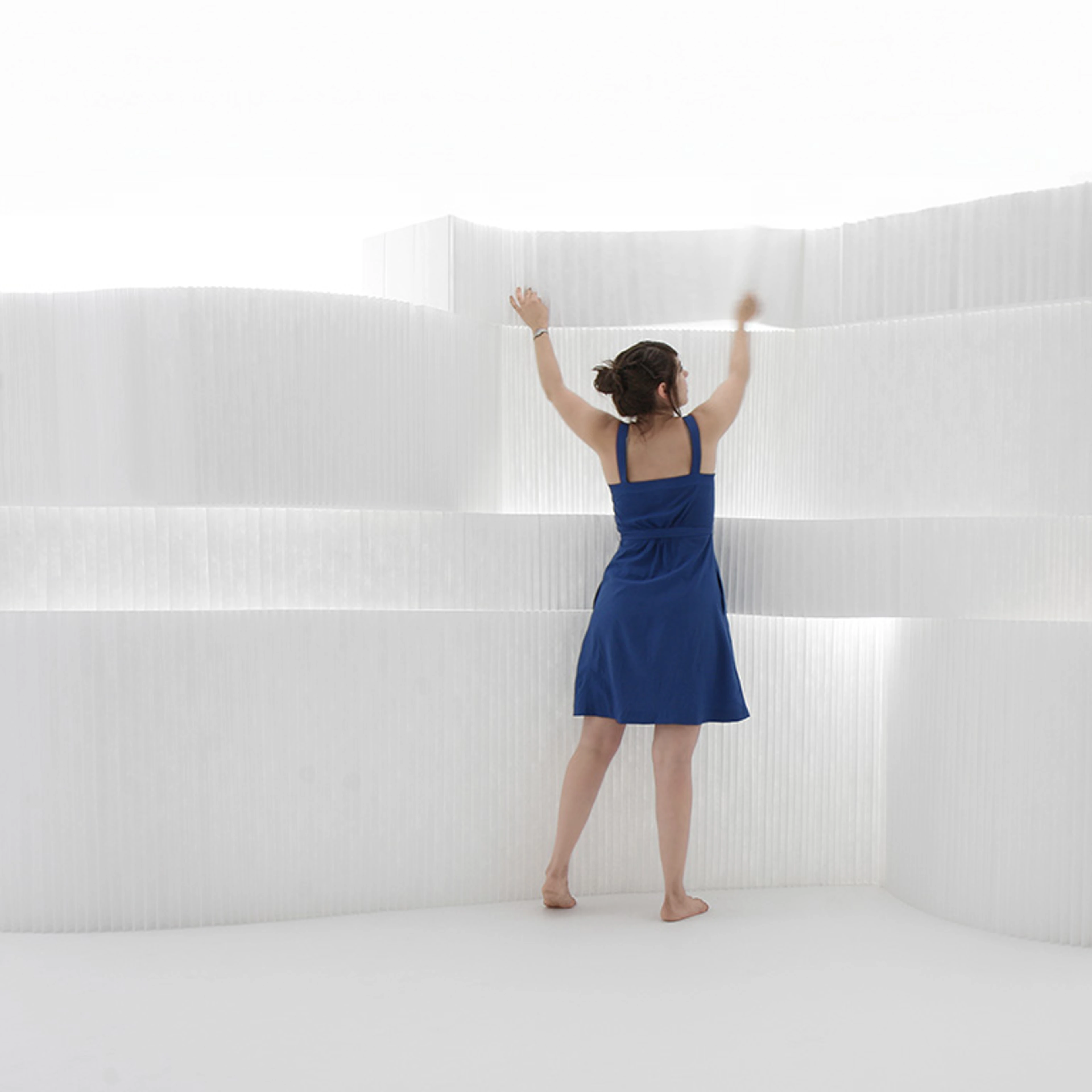 white textile softblock, flexible partition,translucent room divider,sunlight and architecture,molo