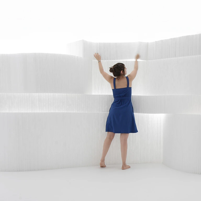 white textile softblock, flexible partition,translucent room divider,sunlight and architecture,molo