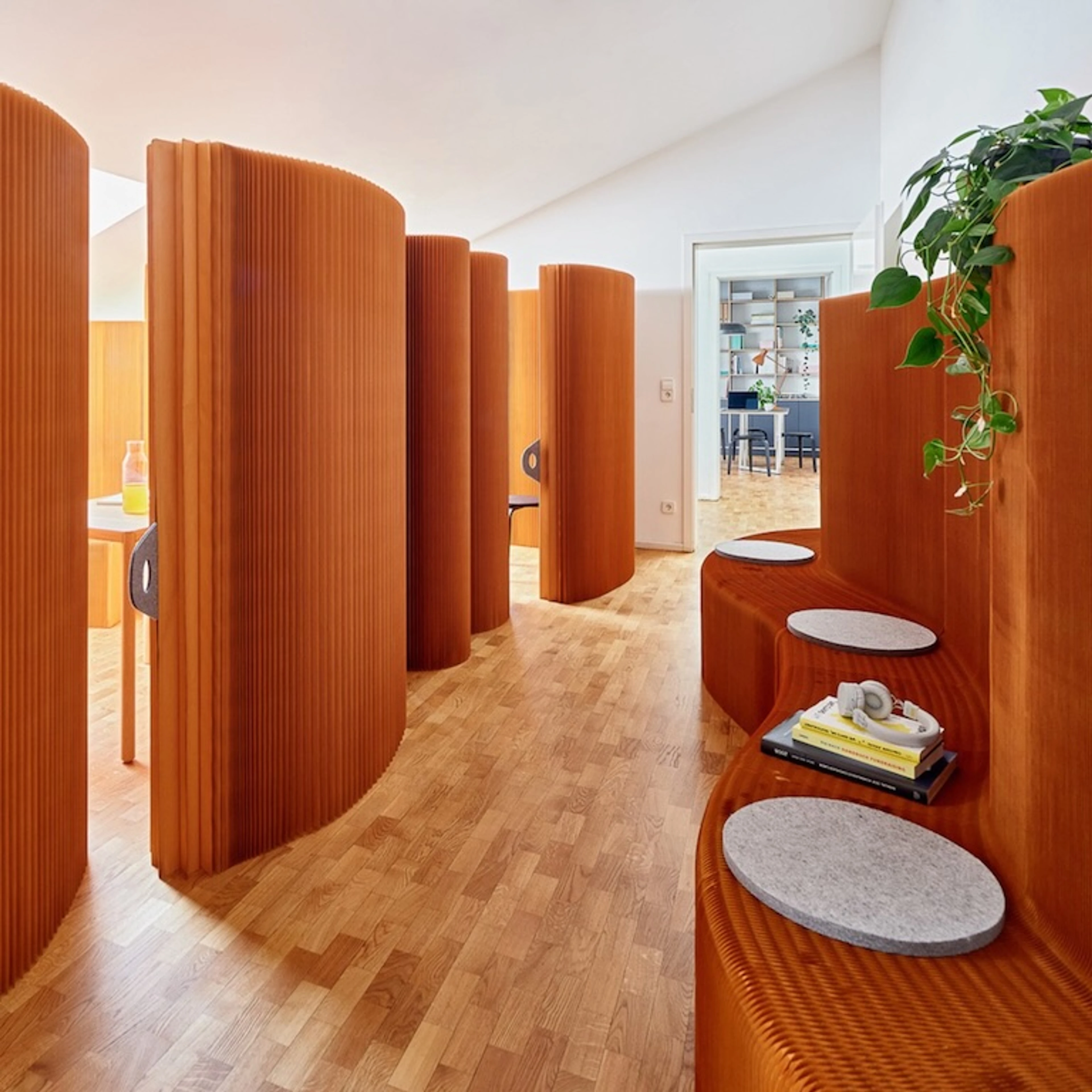 room partitions by molo - brown, indigo, red softwall + softblock and benchwall