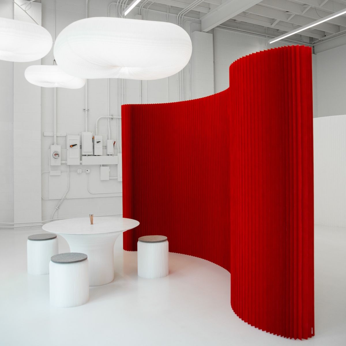 red textile softwall - holiday room dividers