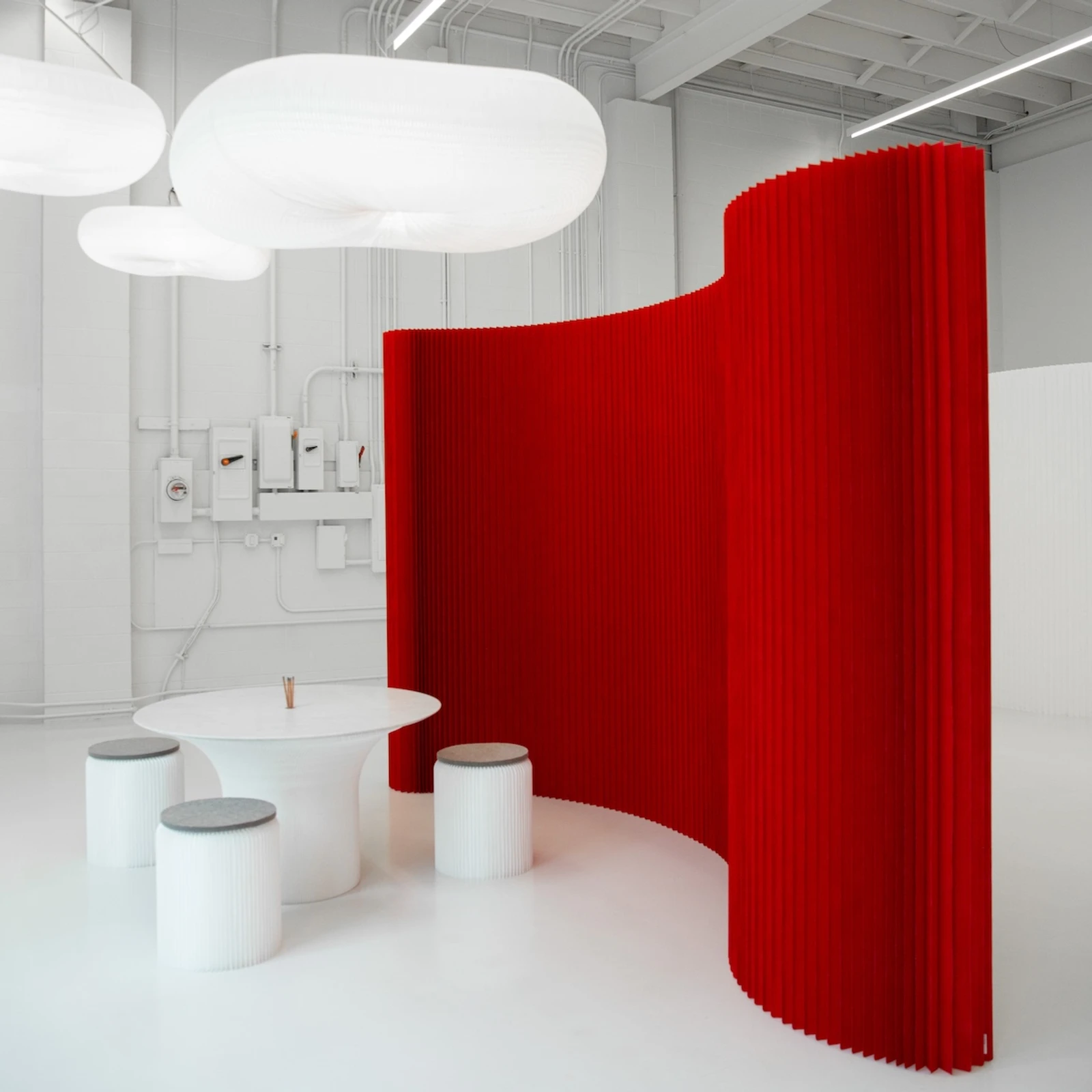 red textile softwall - holiday room dividers