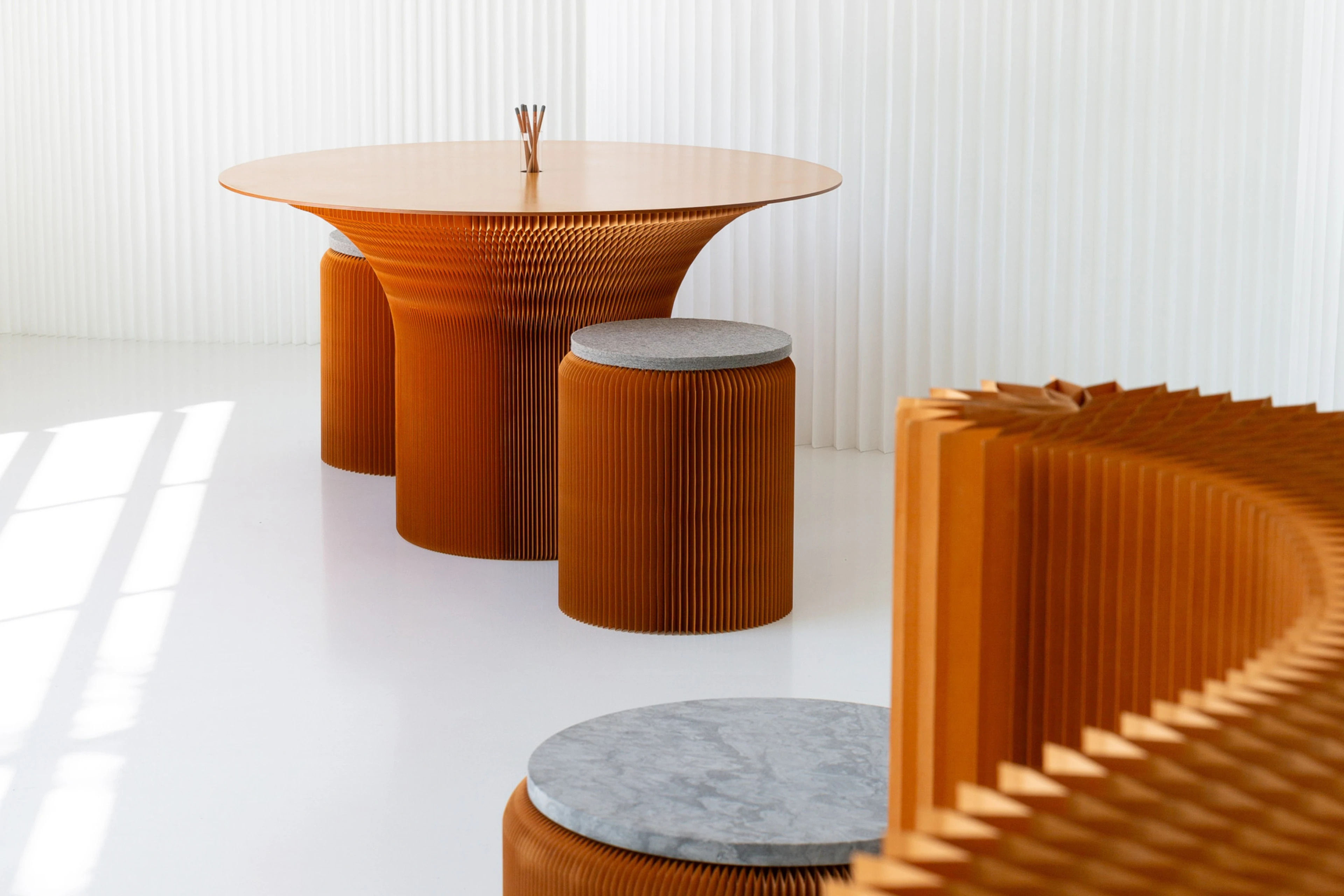 eco-friendly furniture, cantilever table, round table, folding paper table, sitting height table, brown, molo
