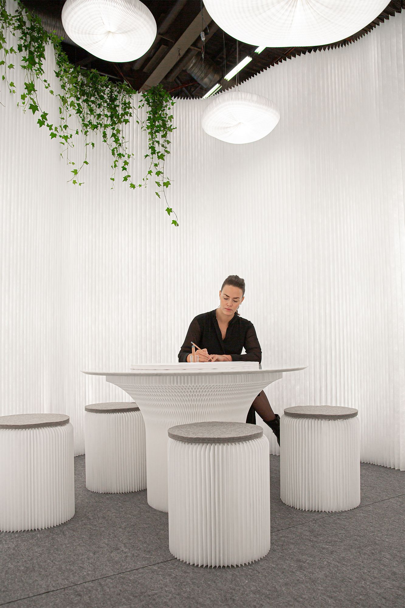 cloud pendant acoustic lighting, cantilever table with textile stools - molo