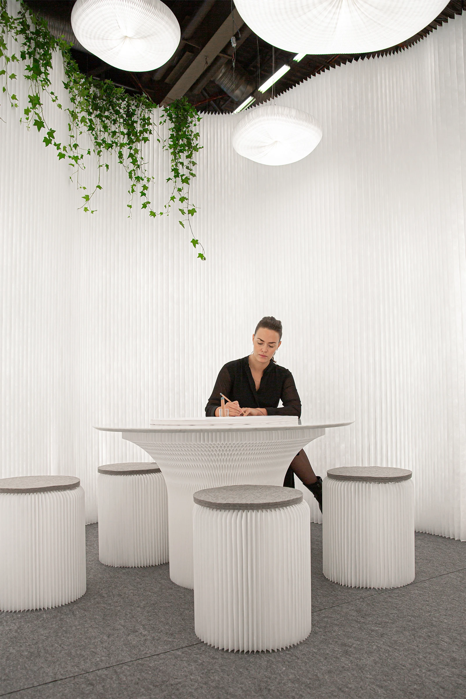 cloud pendant acoustic lighting, cantilever table with textile stools - molo