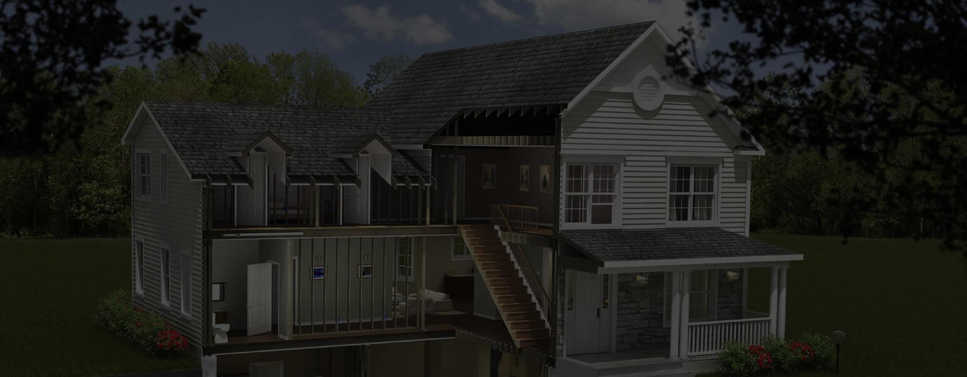 Cutaway illustration of a home showing framing, structure and interior systems