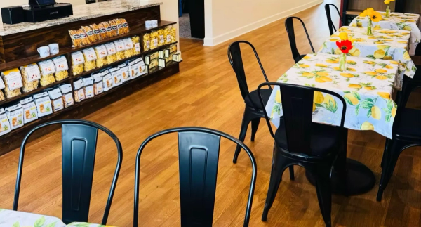 Pelago Cafe dining tables and Italian retail shelves