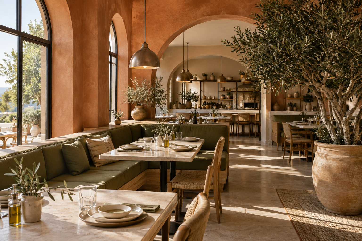 Warm Mediterranean-inspired restaurant interior — AI-generated concept image