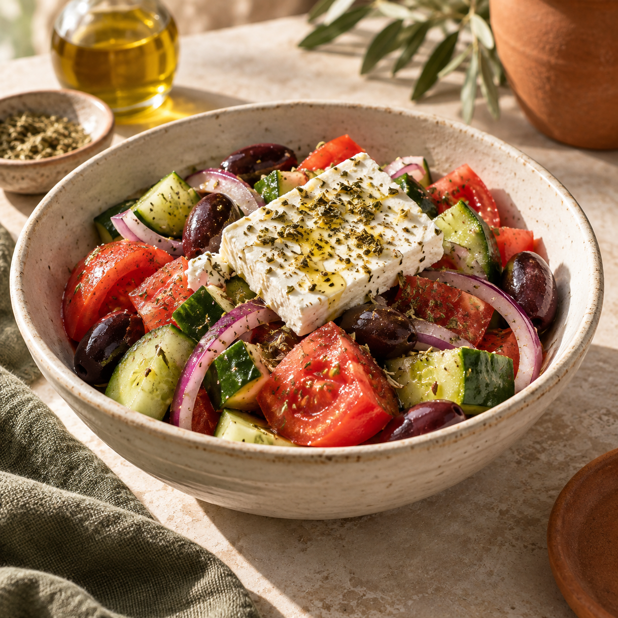 Greek Village Salad — illustrative AI-generated menu photograph
