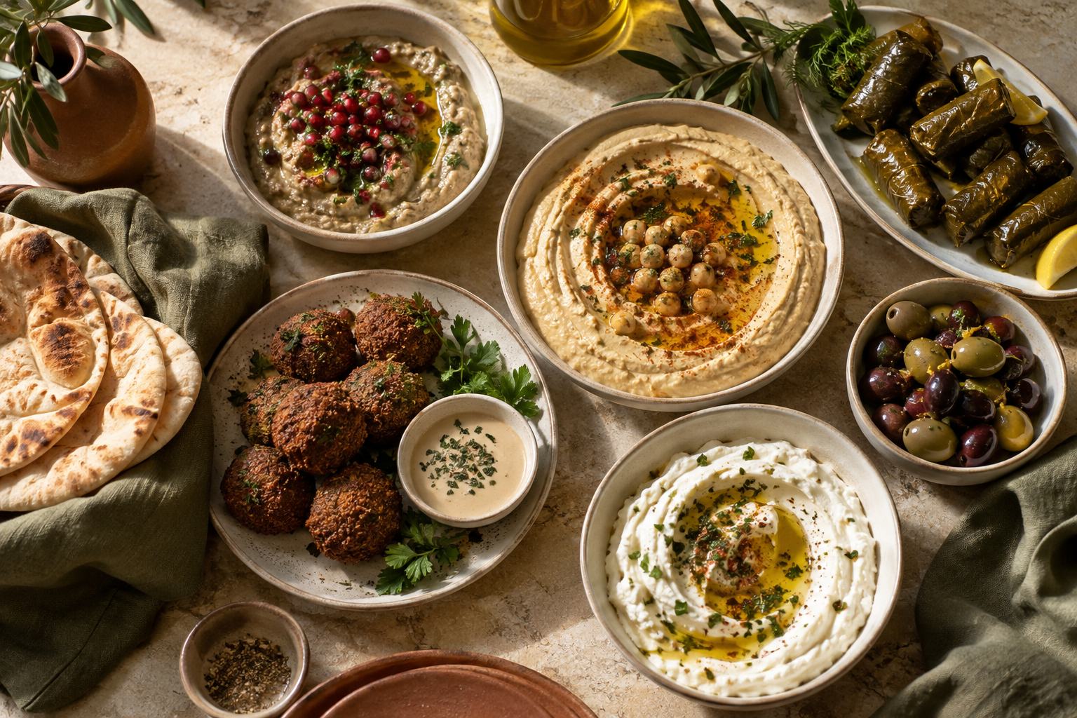 Mediterranean mezze spread on a limestone table — AI-generated concept image