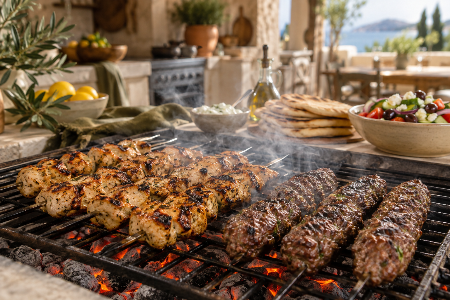 Mediterranean skewers cooking over glowing embers — AI-generated concept image