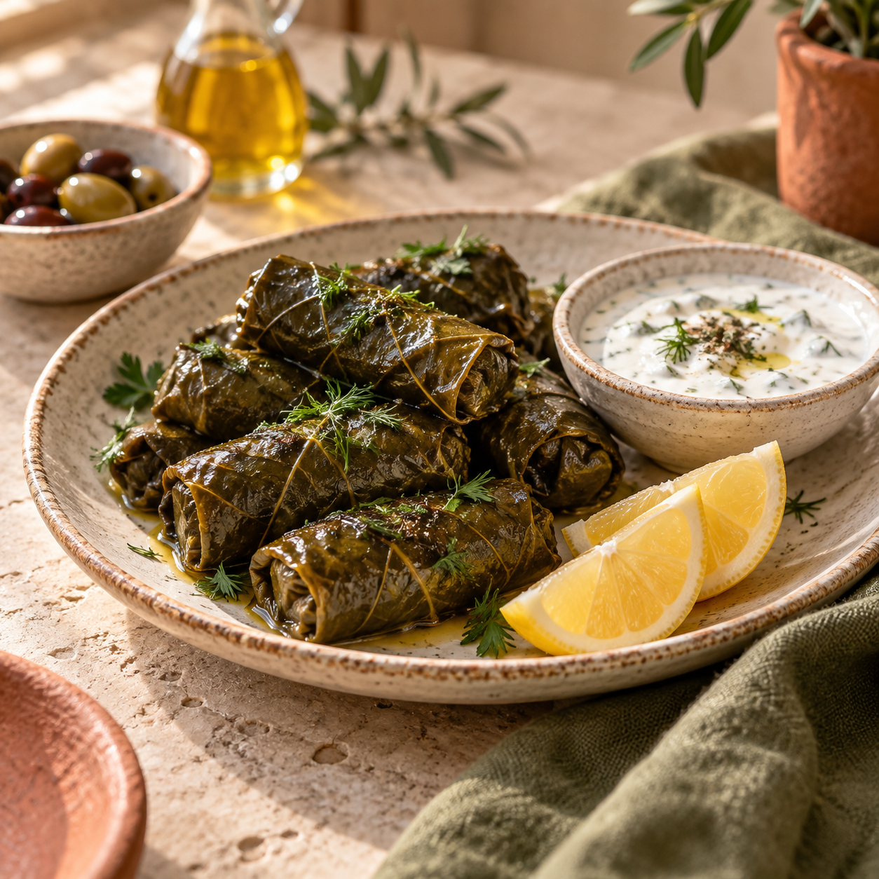 Stuffed Grape Leaves — illustrative AI-generated menu photograph