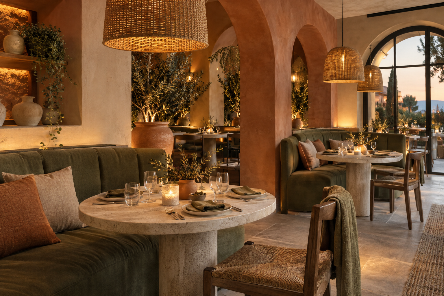 Olive and terracotta dining room with warm pendant lights — AI-generated concept image