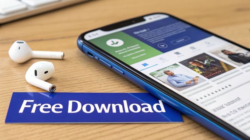 A blue smartphone, white wireless earbuds, and a 'Free Download' card on a wooden desk.