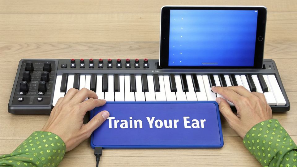 A person's hands play a MIDI keyboard with a tablet displaying a music app and a 'Train Your Ear' device.