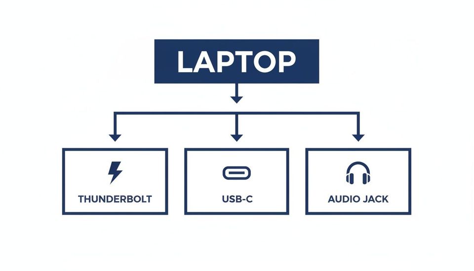 A diagram illustrating common laptop connectivity options, including Thunderbolt, USB-C, and an Audio Jack.