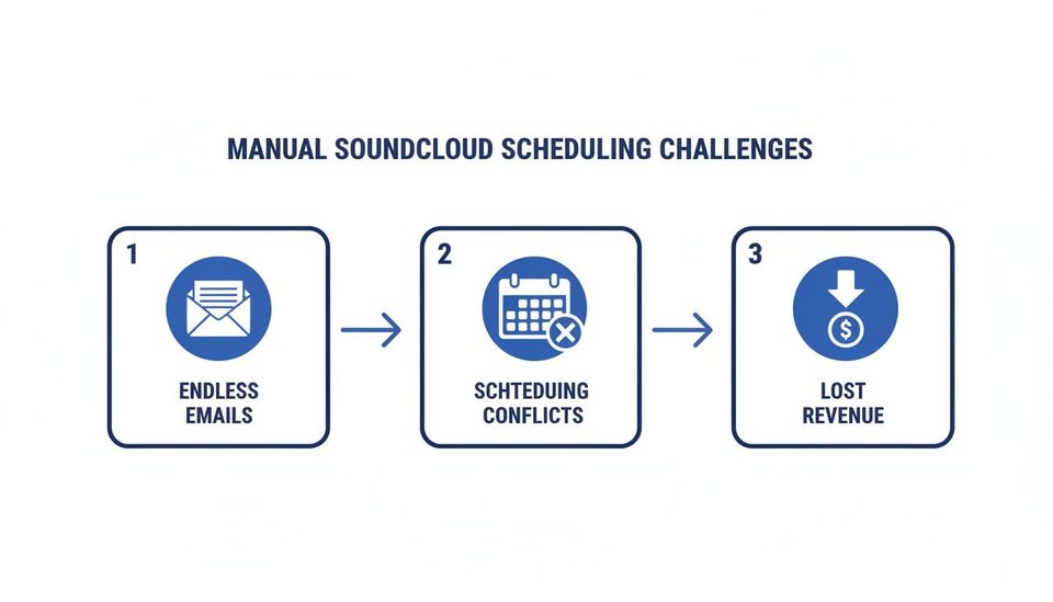 A flow diagram illustrating manual SoundCloud scheduling challenges: endless emails, scheduling conflicts, and lost revenue.
