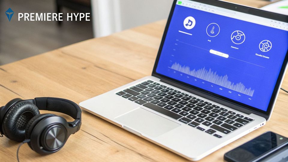 A laptop displaying a music interface, black headphones, and a smartphone on a wooden desk.