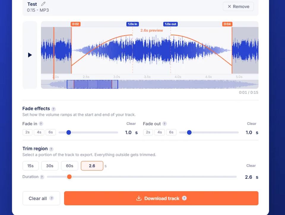 Fade effects and trim region controls in the audio fade tool