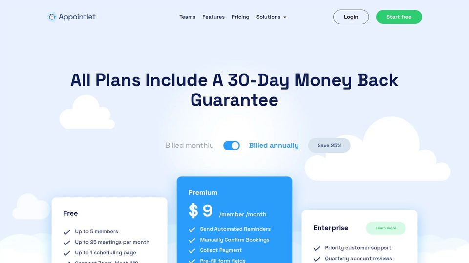 Appointlet pricing plans showing different tiers and features
