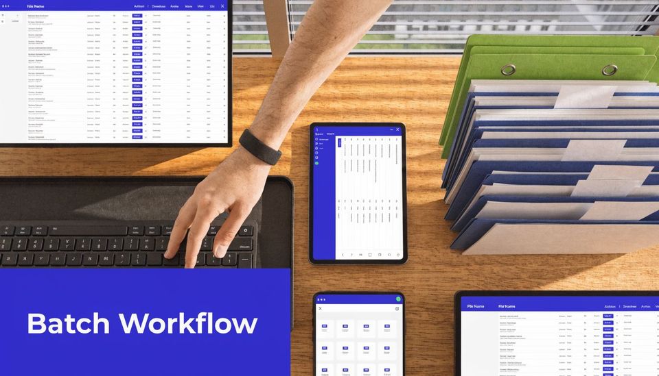 A top-down view of a modern office desk featuring multiple devices displaying data dashboards and organized file folders.