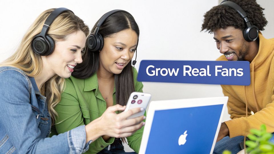 Three diverse young people wearing headsets, smiling while engaging with a smartphone and laptop. A banner reads "Grow Real Fans."