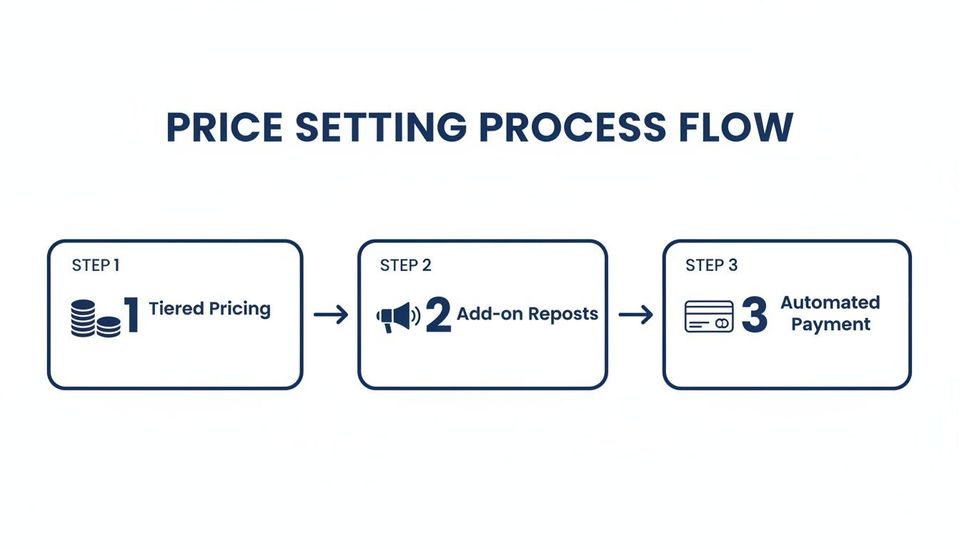 A flowchart showing a three-step price setting process: tiered pricing, add-on reposts, and automated payment.