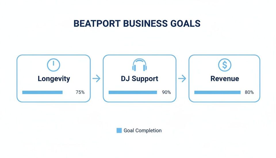 Beatport business goals with completion rates: Longevity (75%), DJ Support (90%), and Revenue (80%).