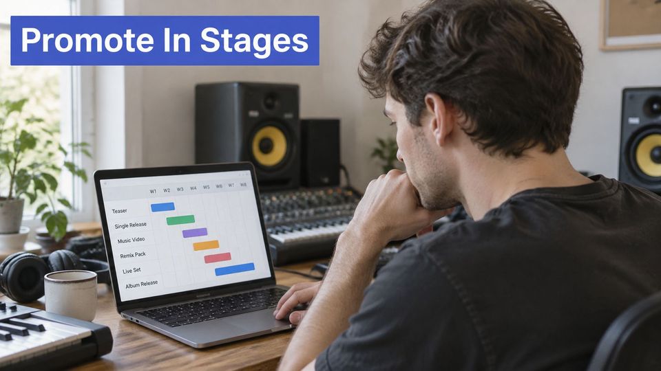 A music producer looking at a laptop screen displaying a promotional campaign schedule in a studio.