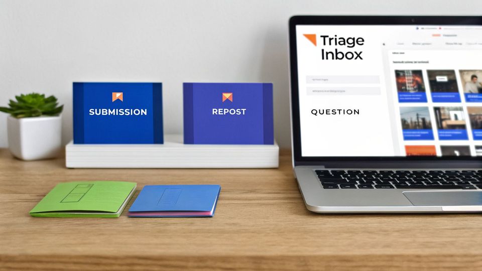 A desk with a laptop showing "Triage Inbox" and cards labeled "Submission", "Repost", "Question", indicating content management.