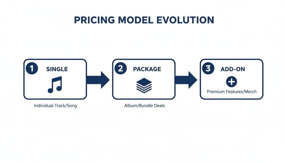 Diagram illustrating the evolution of a pricing model from single tracks to packages and add-ons.