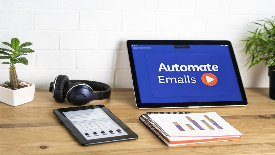 A productivity desk setup with a tablet displaying 'Automate Emails' and a play button, headphones, and charts.