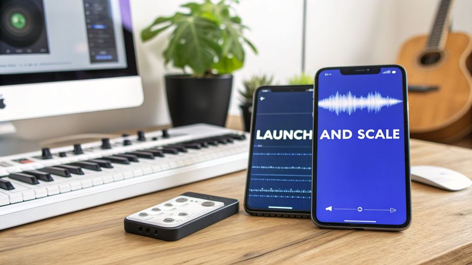 Music studio setup with computer, keyboard, and phones showing 'LAUNCH AND SCALE' and audio waveform.