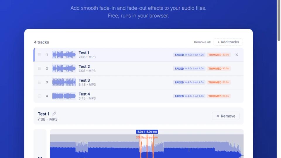 Audio fade tool multi-track view with multiple loaded tracks and compile option